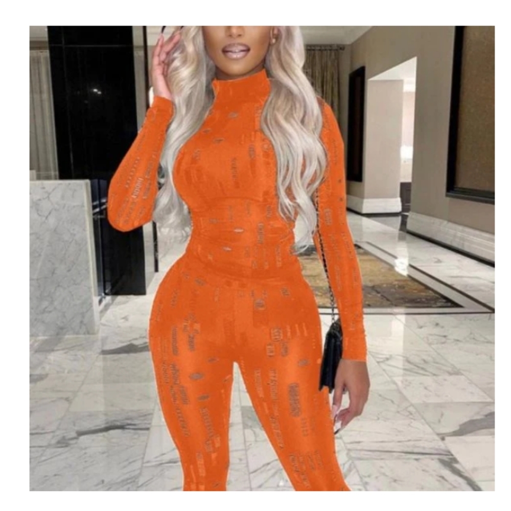 New Orange Peel Distressed Ripped Stretched Torn Mock Neck Bodycon Pant Set M - Picture 11 of 12